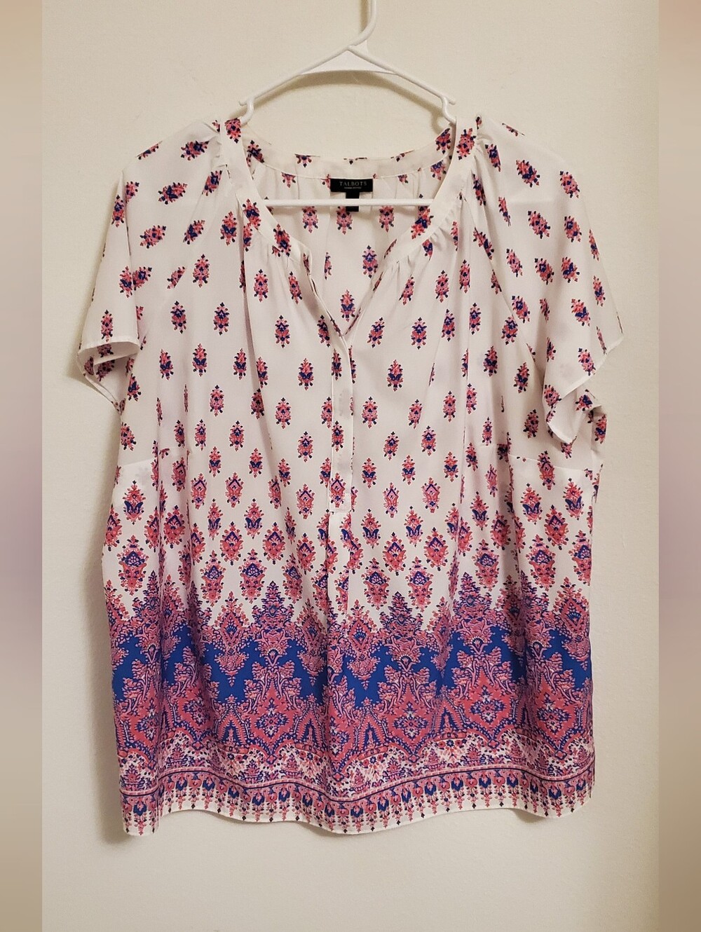 Talbots White Short Sleeve Border Print Blouse - Pink & Blue Size 1X Petite